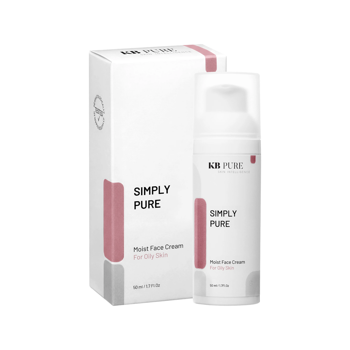 סימפלי פיור קרם לחות לעור שמן של KB Pure — אריזה ובקבוק איירלס, 50 מ״ל