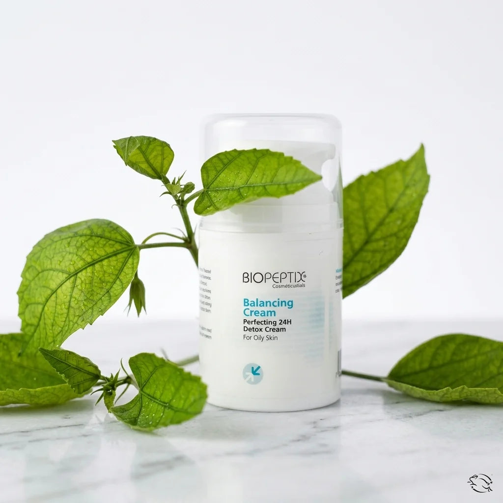 בלאנסינג קרם של Biopeptix על משטח שיש לצד עלים ירוקים