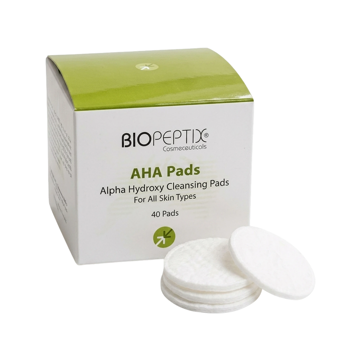 פדים לניקוי והבהרה AHA Pads של Biopeptix, אריזה של 40 פדים לצד פדים בודדים