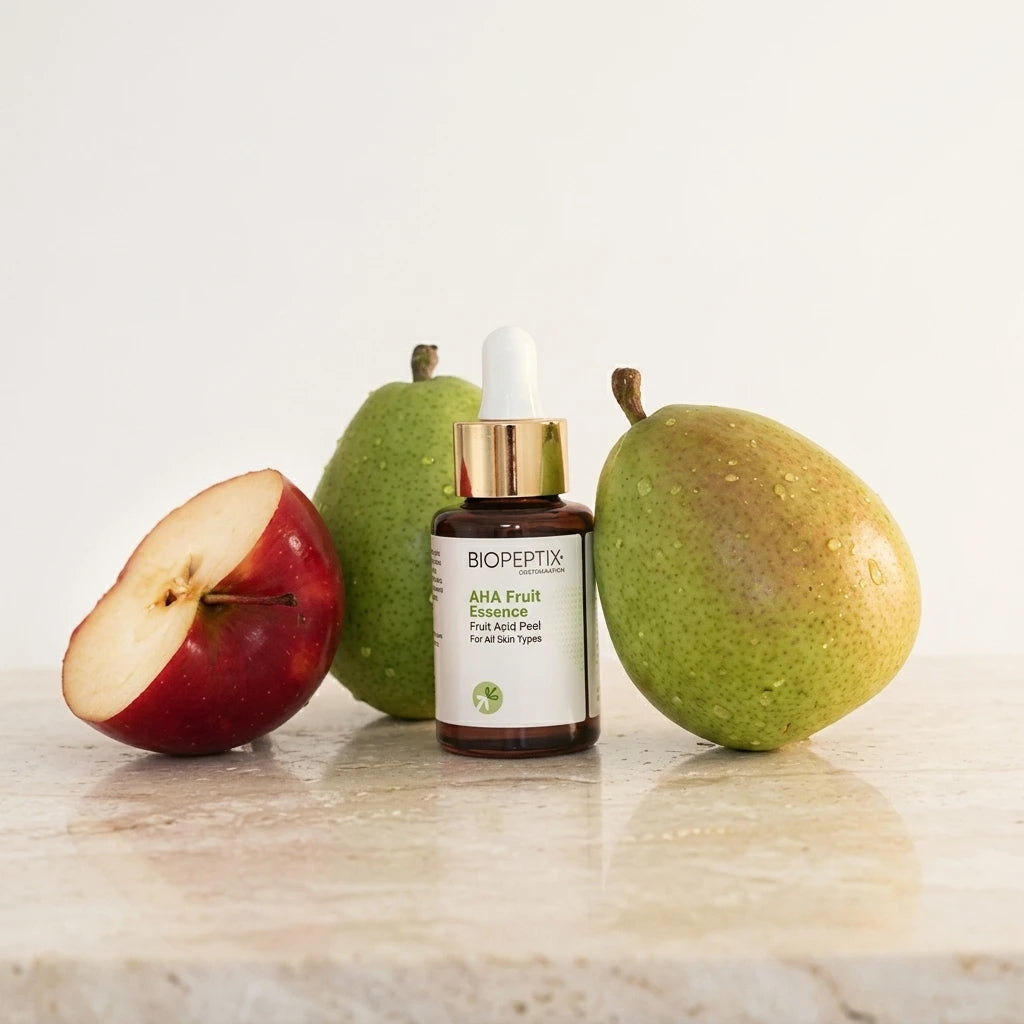 סרום חומצת פירות AHA Fruit Essence לצד תפוח חתוך ואגסים