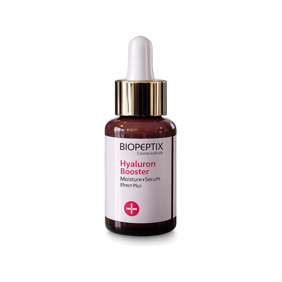 היאלרון בוסטר סרום לחות+ של Biopeptix, בקבוק ענברי עם טפטפת
