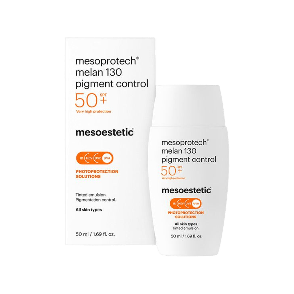 הגנה מלאן 130 עם גוון SPF 50+ של mesoestetic, אריזה ובקבוק, 50 מ״ל