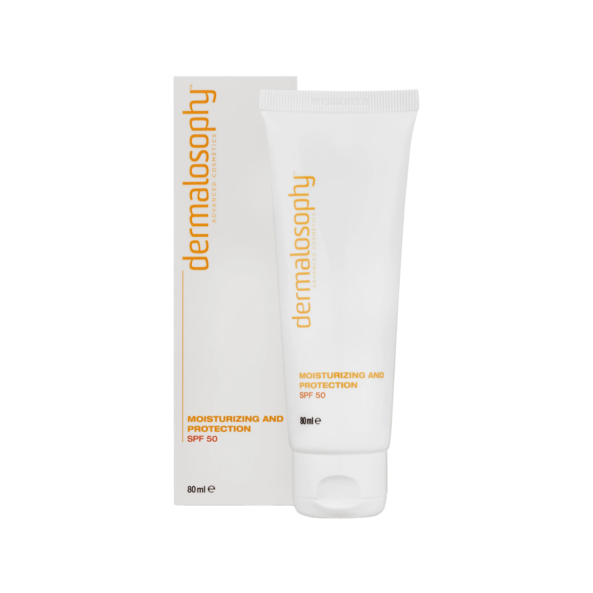 קרם לחות והגנה SPF 50 של Dermalosophy, אריזה ושפופרת, 80 מ״ל