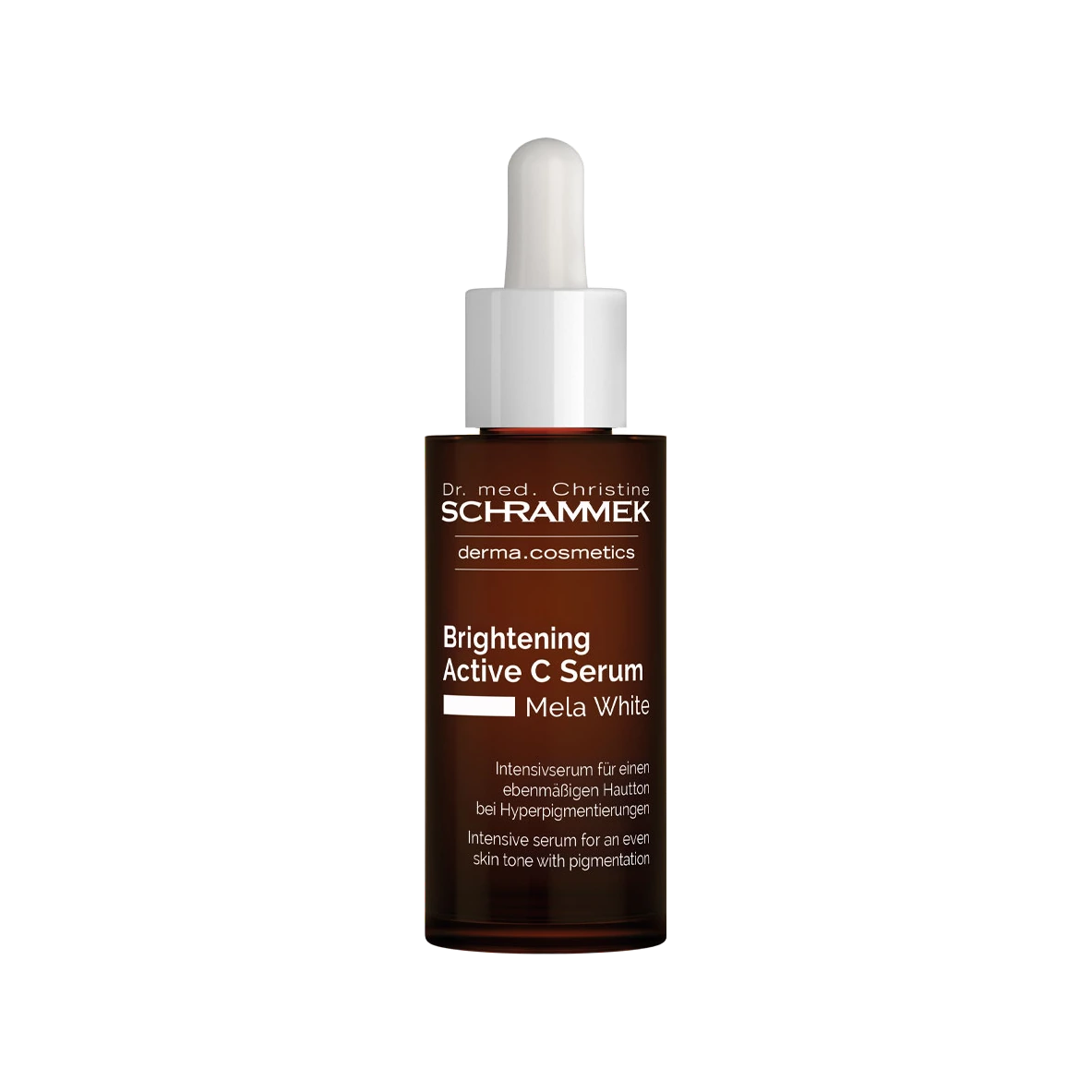 סרום הבהרה ויטמין C Mela White של Dr Schrammek, בקבוק זכוכית כהה עם טפטפת