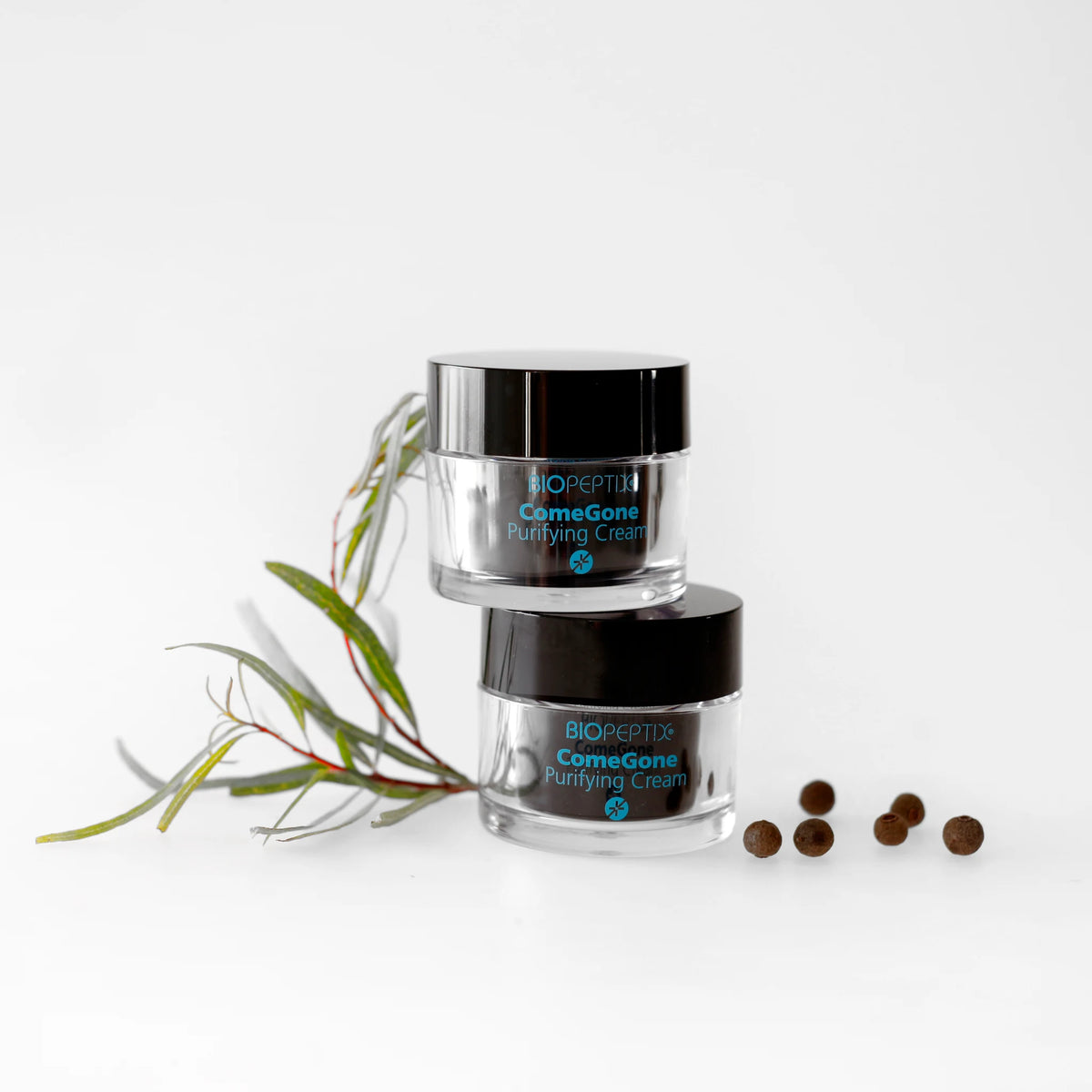 קומוגון משחה מטהרת ComeGone של Biopeptix, שתי צנצנות מוערמות לצד ענף ירוק וזרעים