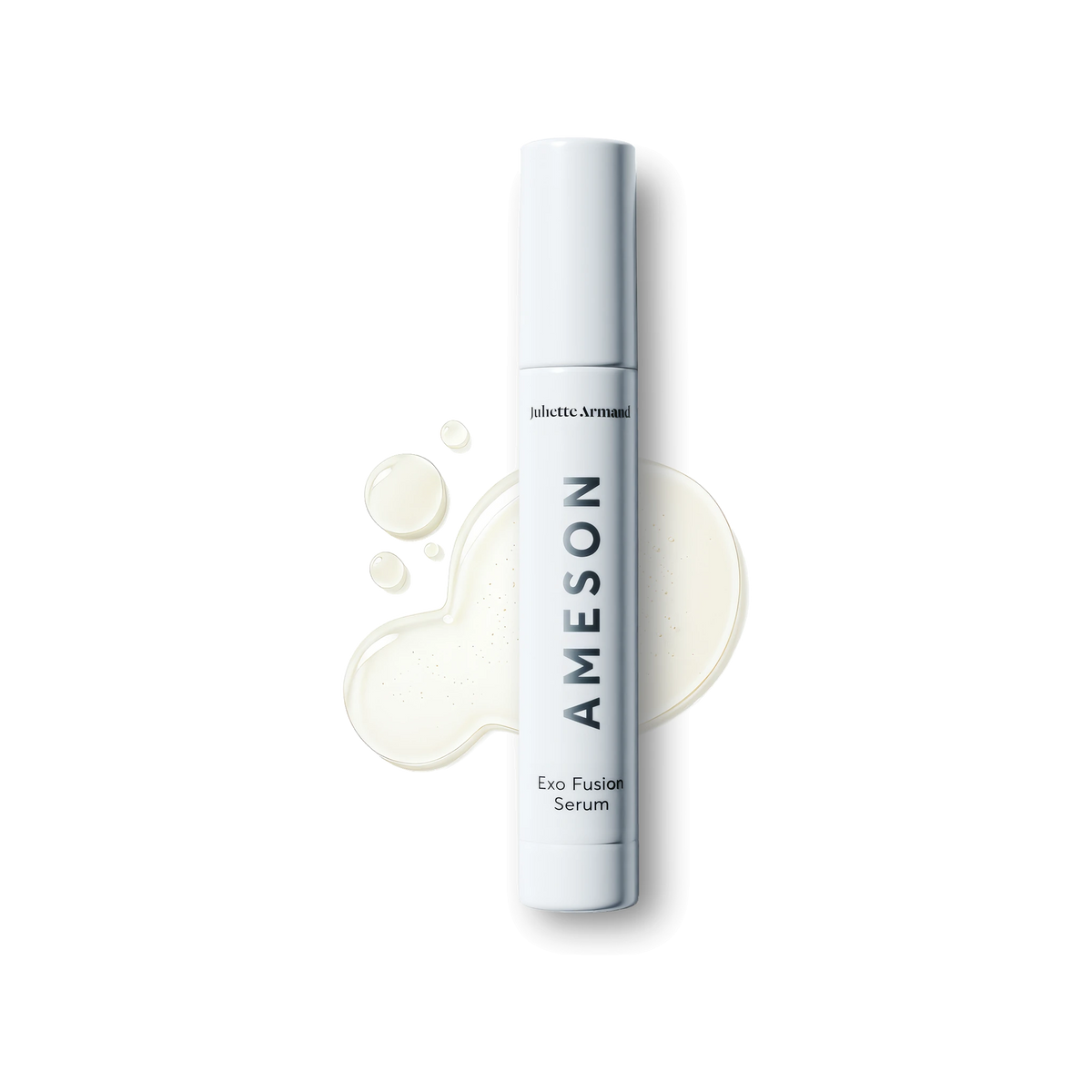 סרום אקסו Exo Fusion של Juliette Armand, בקבוק איירלס לבן לצד טיפות הסרום