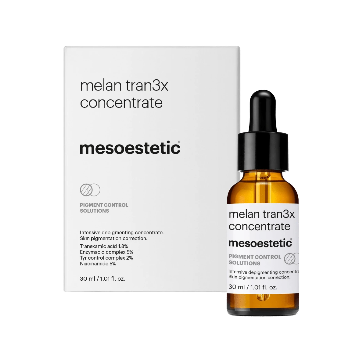 מלאן טרנקס סרום melan tran3x של mesoestetic, אריזה ובקבוק ענברי, 30 מ״ל